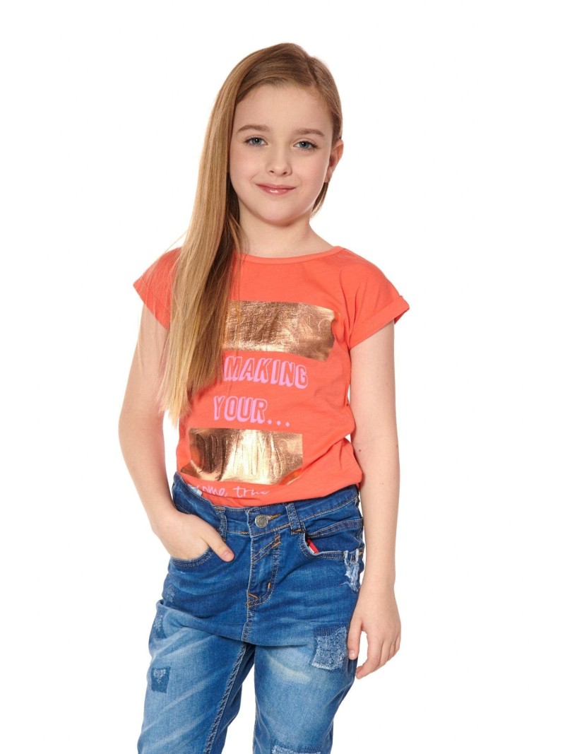 Girls\' T-shirt with inscriptions, coral NDZ8194 - Online store - Boutique